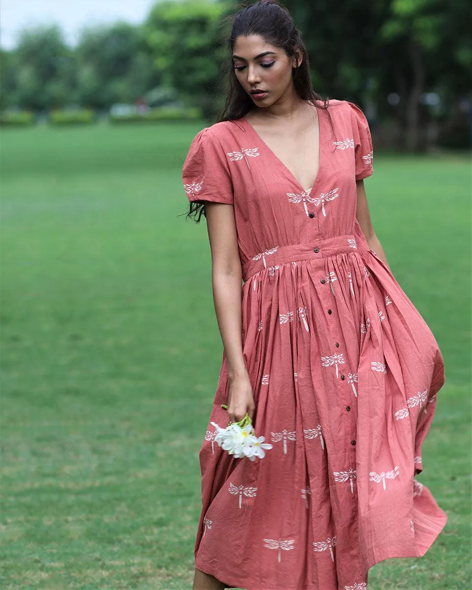 Rust Dragonfly Block Printed Cotton Dress-Mon