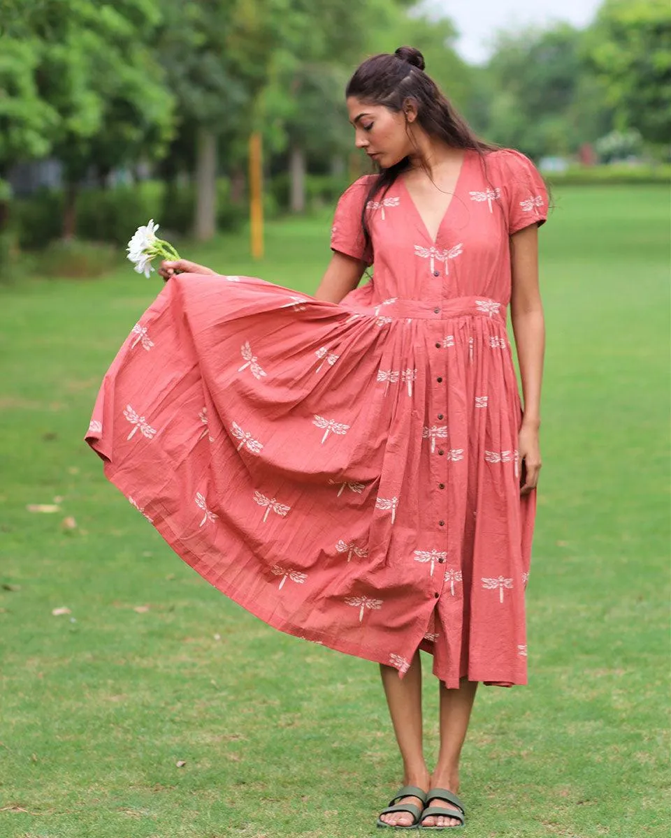Rust Dragonfly Block Printed Cotton Dress-Mon