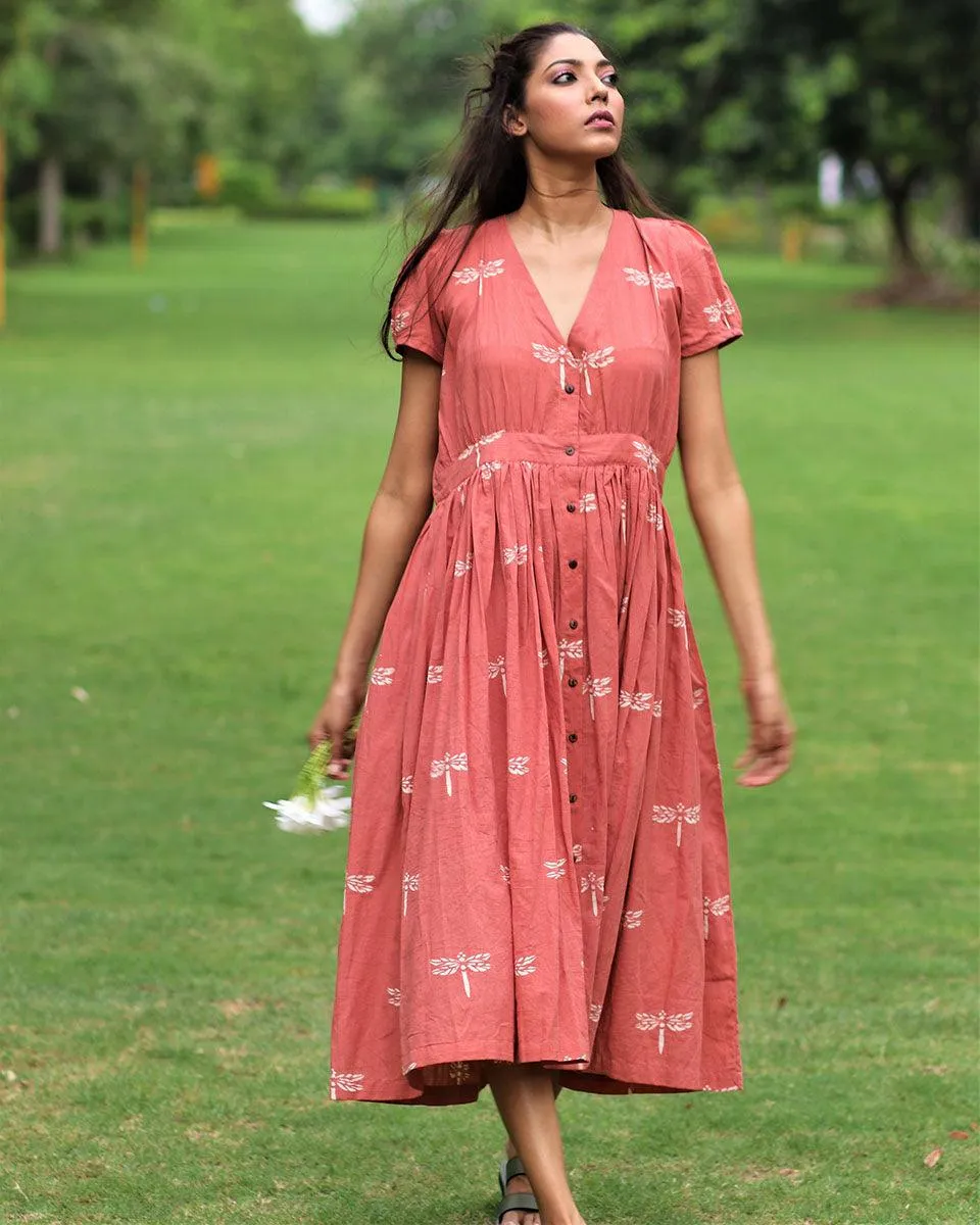 Rust Dragonfly Block Printed Cotton Dress-Mon