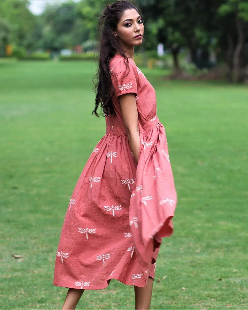 Rust Dragonfly Block Printed Cotton Dress-Mon