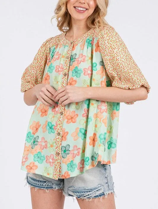 Sage & Fig Multi Floral Button Down Top