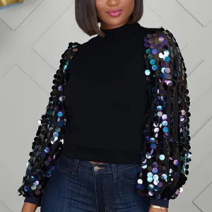 Sequins Sheer Mesh Patchwork Long Sleeve Top