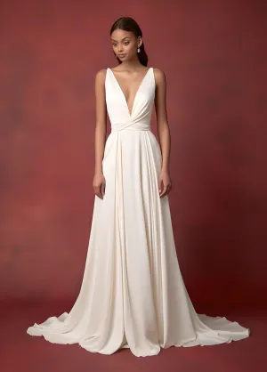 Sexy A-Line Plunging Neckline V-neck Satin Sleeveless Wedding Dress Beach Country Garden Court Simple Ethereal Modern-MW_700001