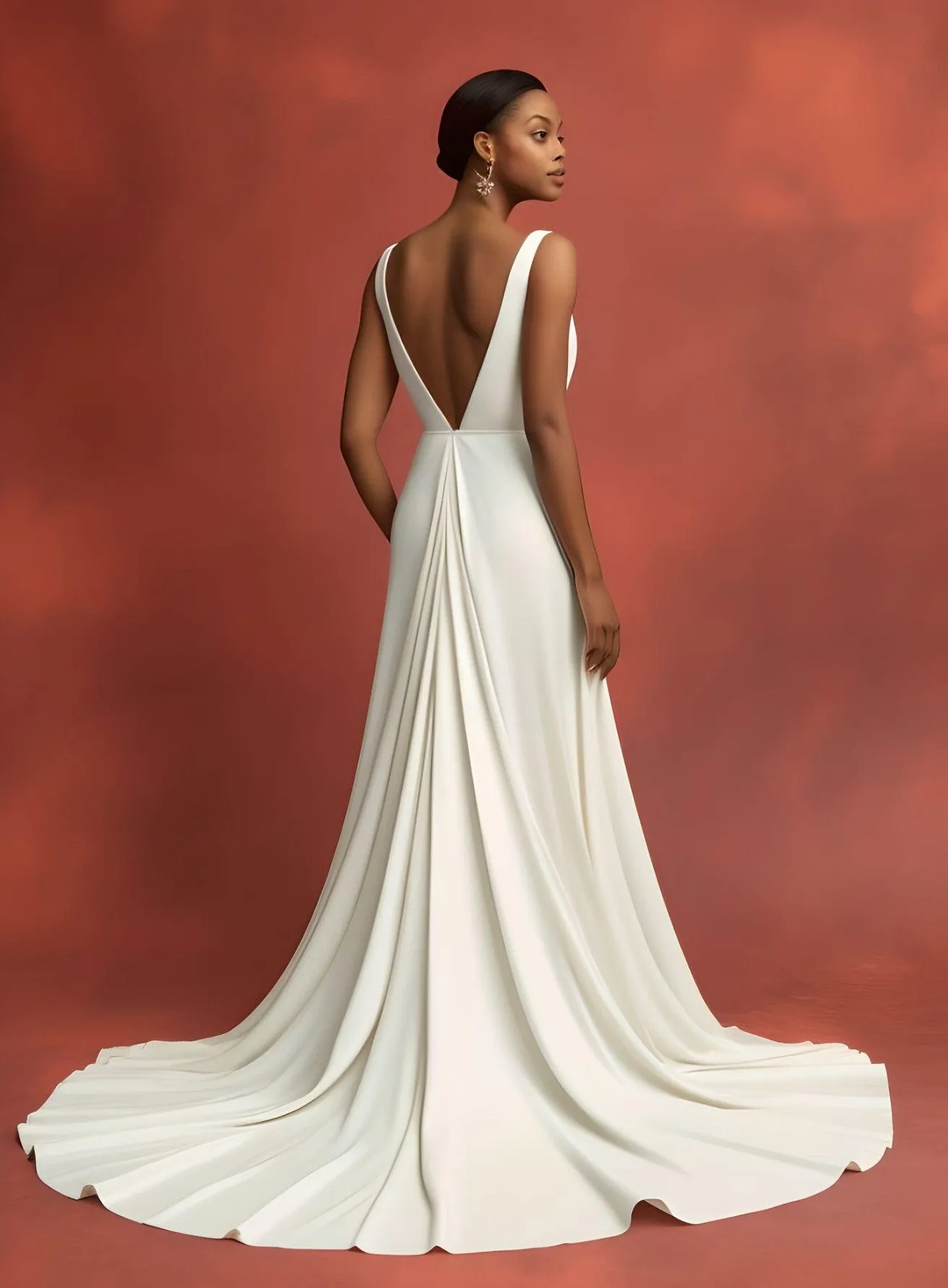 Sexy A-Line Plunging Neckline V-neck Satin Sleeveless Wedding Dress Beach Country Garden Court Simple Ethereal Modern-MW_700001