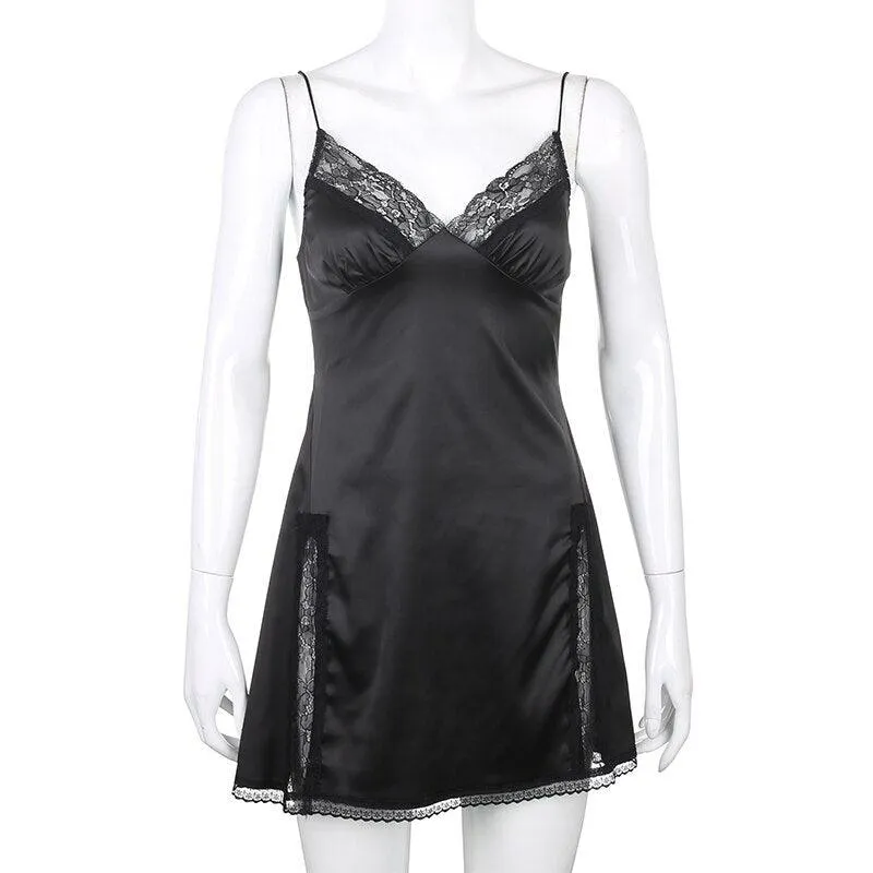Sexy Lace Patchwork Backless V-Neck Satin Strap Mini Side Split Dress