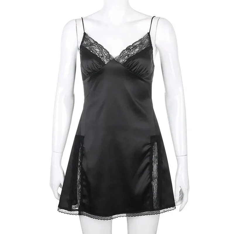 Sexy Lace Patchwork Backless V-Neck Satin Strap Mini Side Split Dress