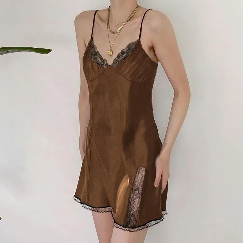 Sexy Lace Patchwork Backless V-Neck Satin Strap Mini Side Split Dress
