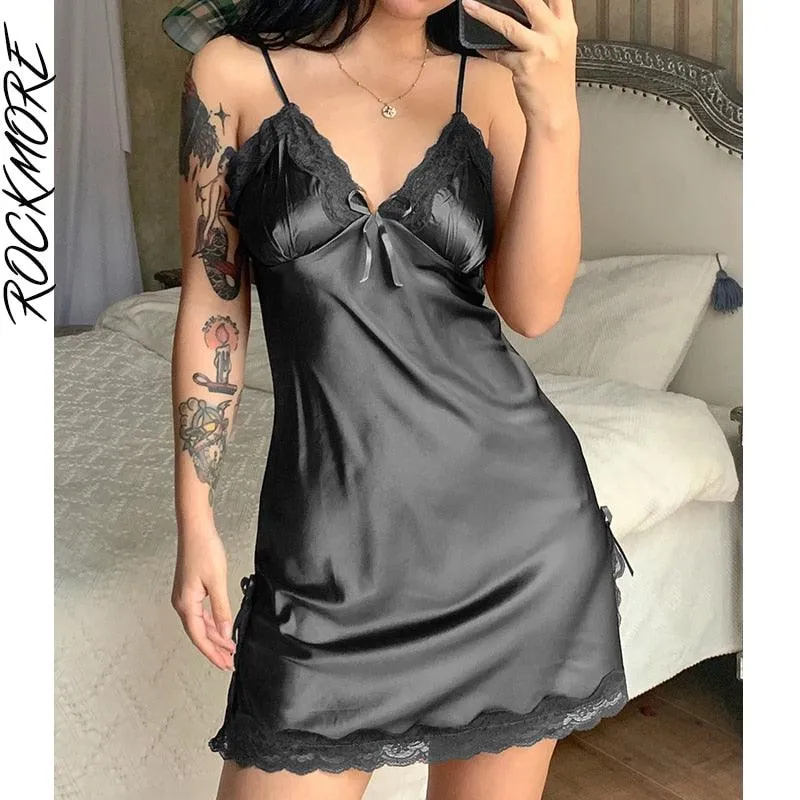 Sexy Lace Patchwork Backless V-Neck Satin Strap Mini Side Split Dress