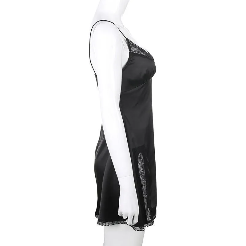 Sexy Lace Patchwork Backless V-Neck Satin Strap Mini Side Split Dress