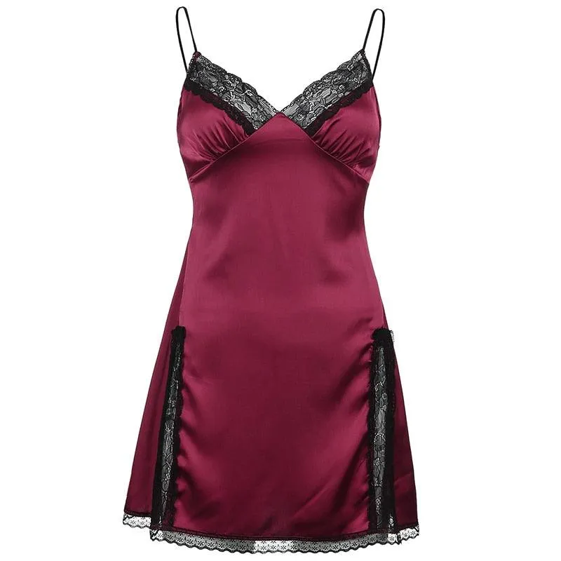 Sexy Lace Patchwork Backless V-Neck Satin Strap Mini Side Split Dress