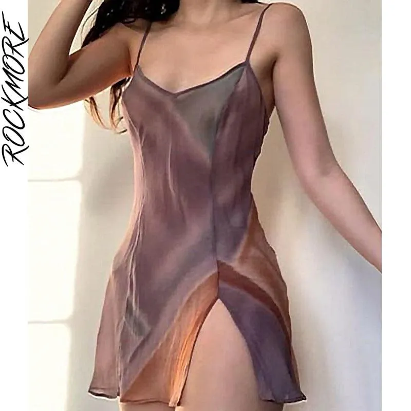Sexy Lace Patchwork Backless V-Neck Satin Strap Mini Side Split Dress
