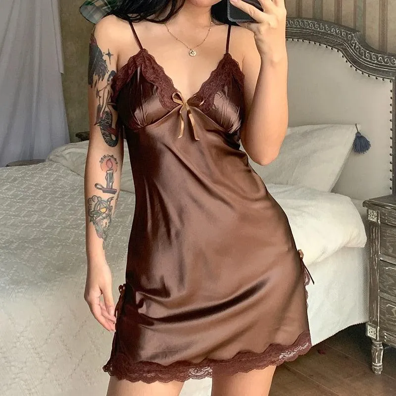 Sexy Lace Patchwork Backless V-Neck Satin Strap Mini Side Split Dress