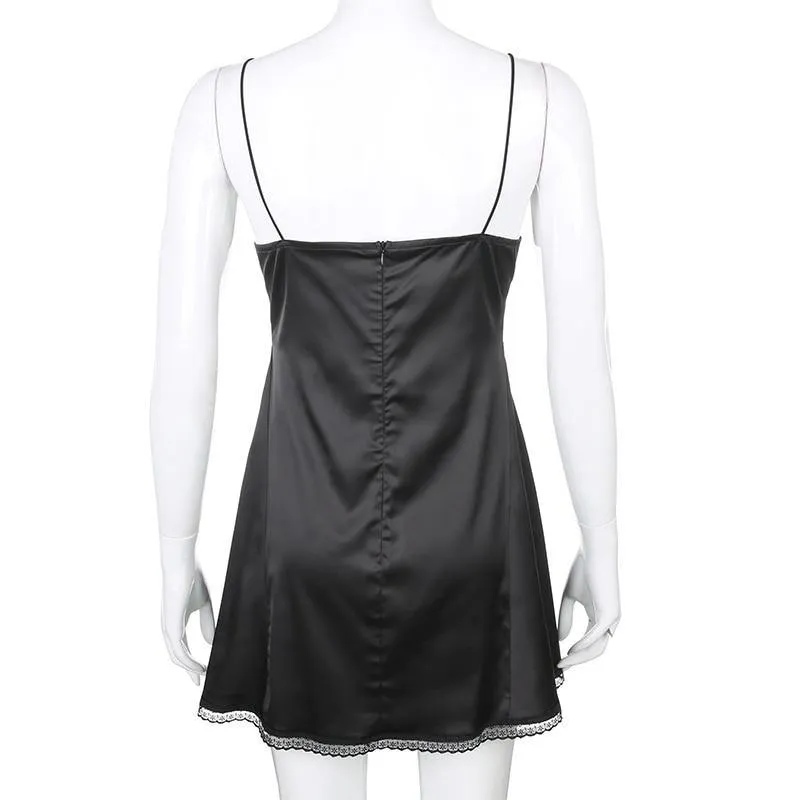 Sexy Lace Patchwork Backless V-Neck Satin Strap Mini Side Split Dress