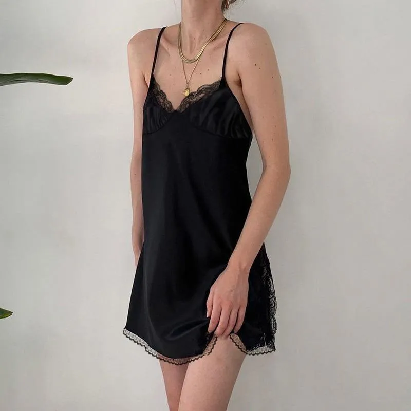 Sexy Lace Patchwork Backless V-Neck Satin Strap Mini Side Split Dress