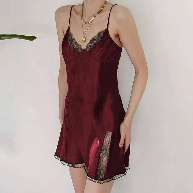 Sexy Lace Patchwork Backless V-Neck Satin Strap Mini Side Split Dress