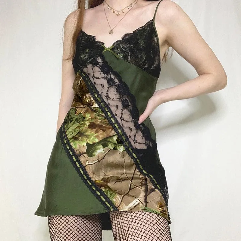Sexy Lace Patchwork Backless V-Neck Satin Strap Mini Side Split Dress