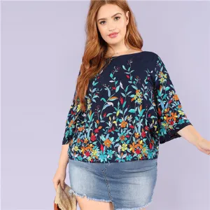SHEIN Floral Print Navy Plus Size Round Neck Casual Women Blouse