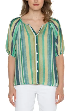 Short Sleeve Button Front Shirred Woven Top
