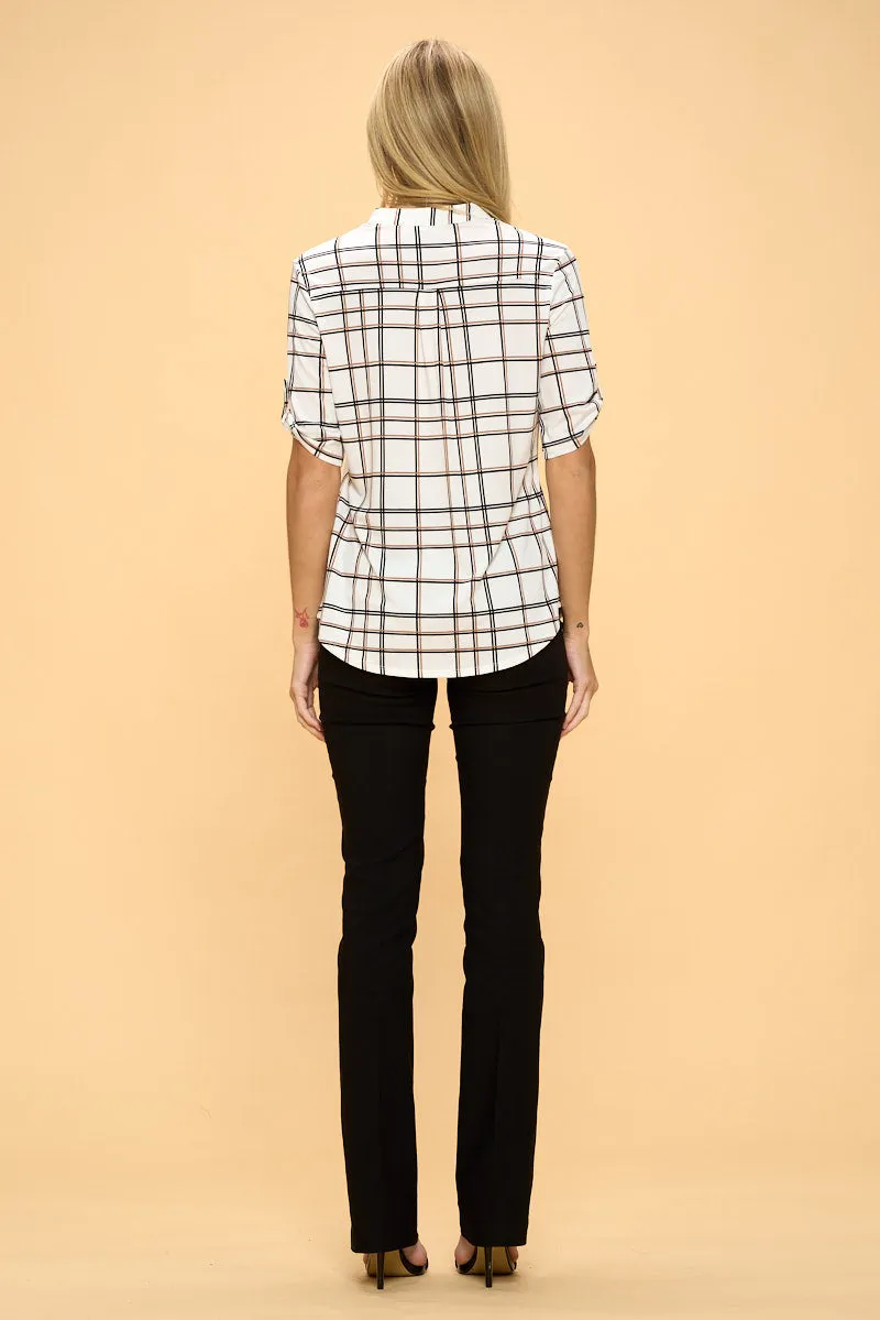 SHORT SLEEVE MANDARIN HALF PLACKET ROLL TAB SHIRT