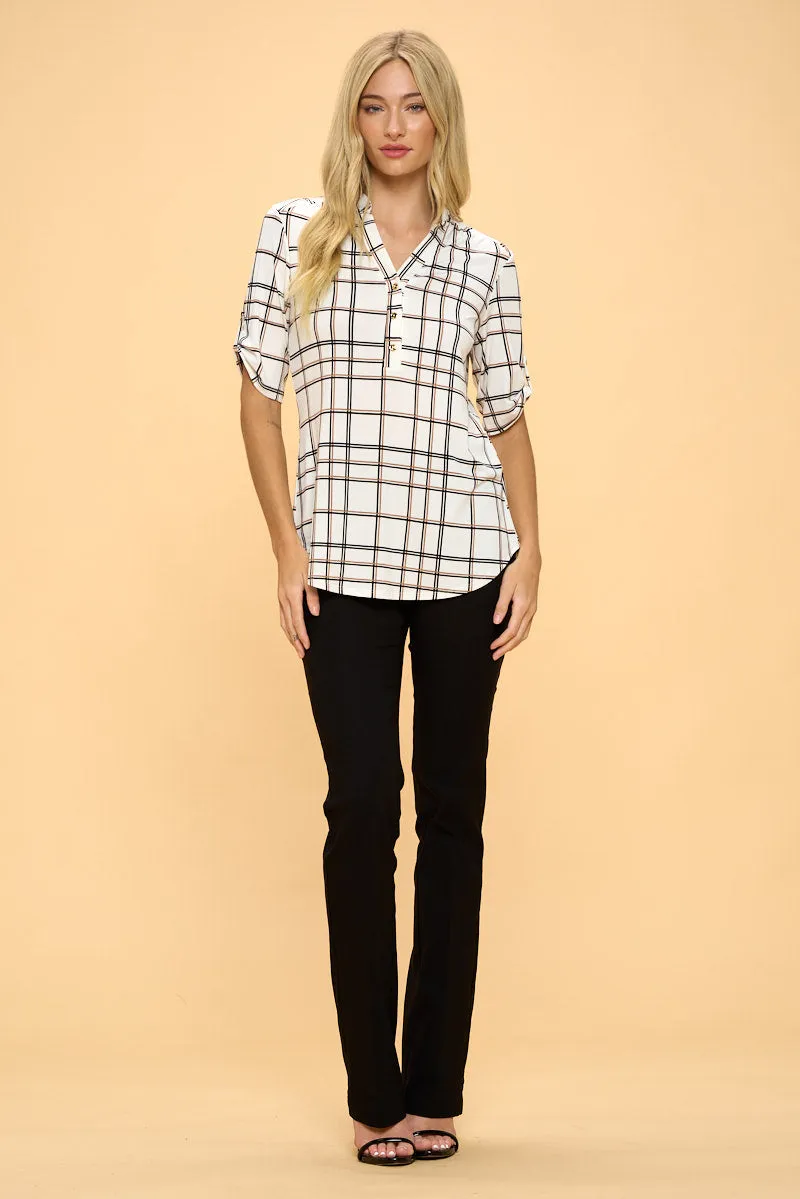 SHORT SLEEVE MANDARIN HALF PLACKET ROLL TAB SHIRT