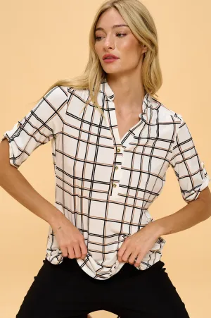 SHORT SLEEVE MANDARIN HALF PLACKET ROLL TAB SHIRT