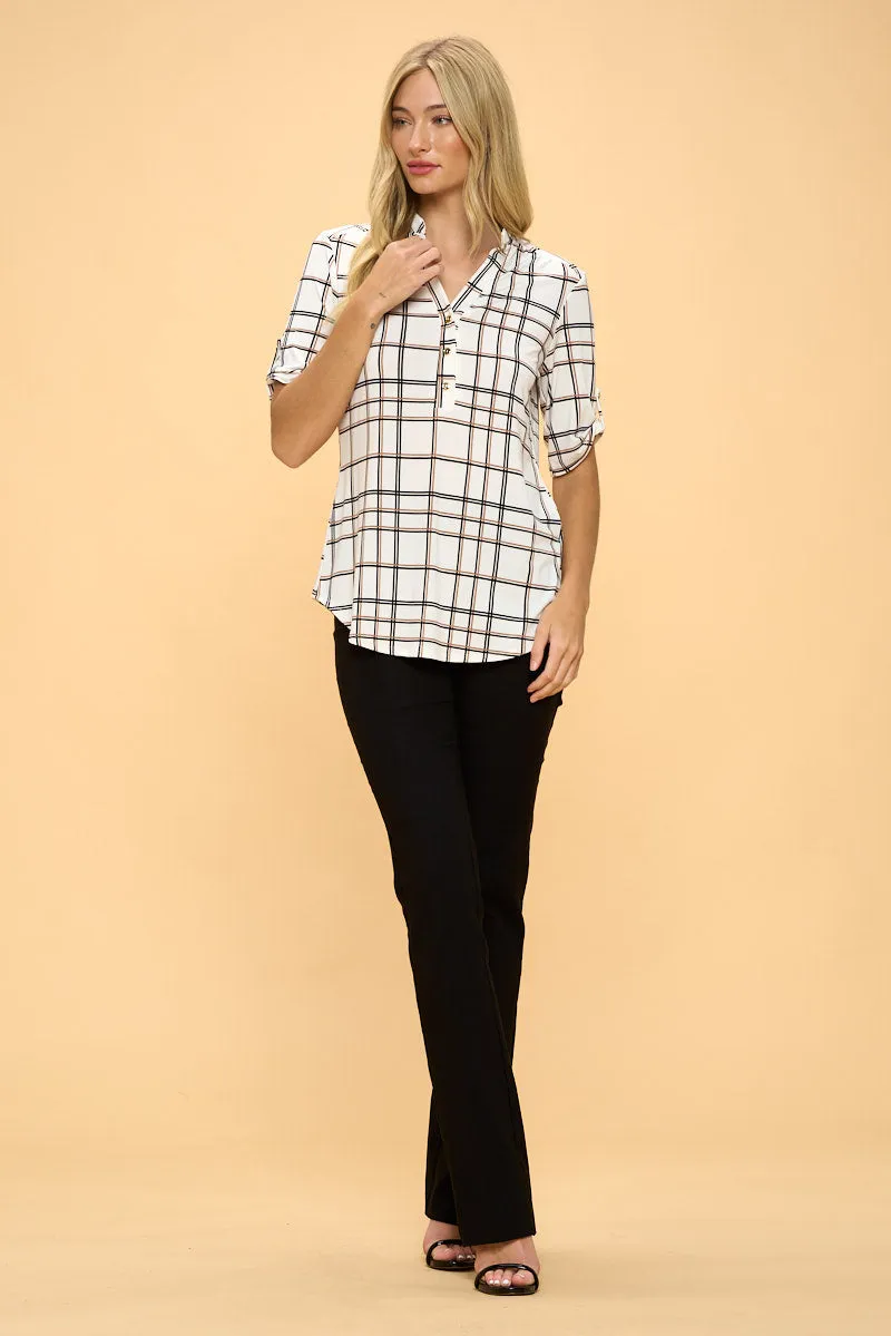 SHORT SLEEVE MANDARIN HALF PLACKET ROLL TAB SHIRT