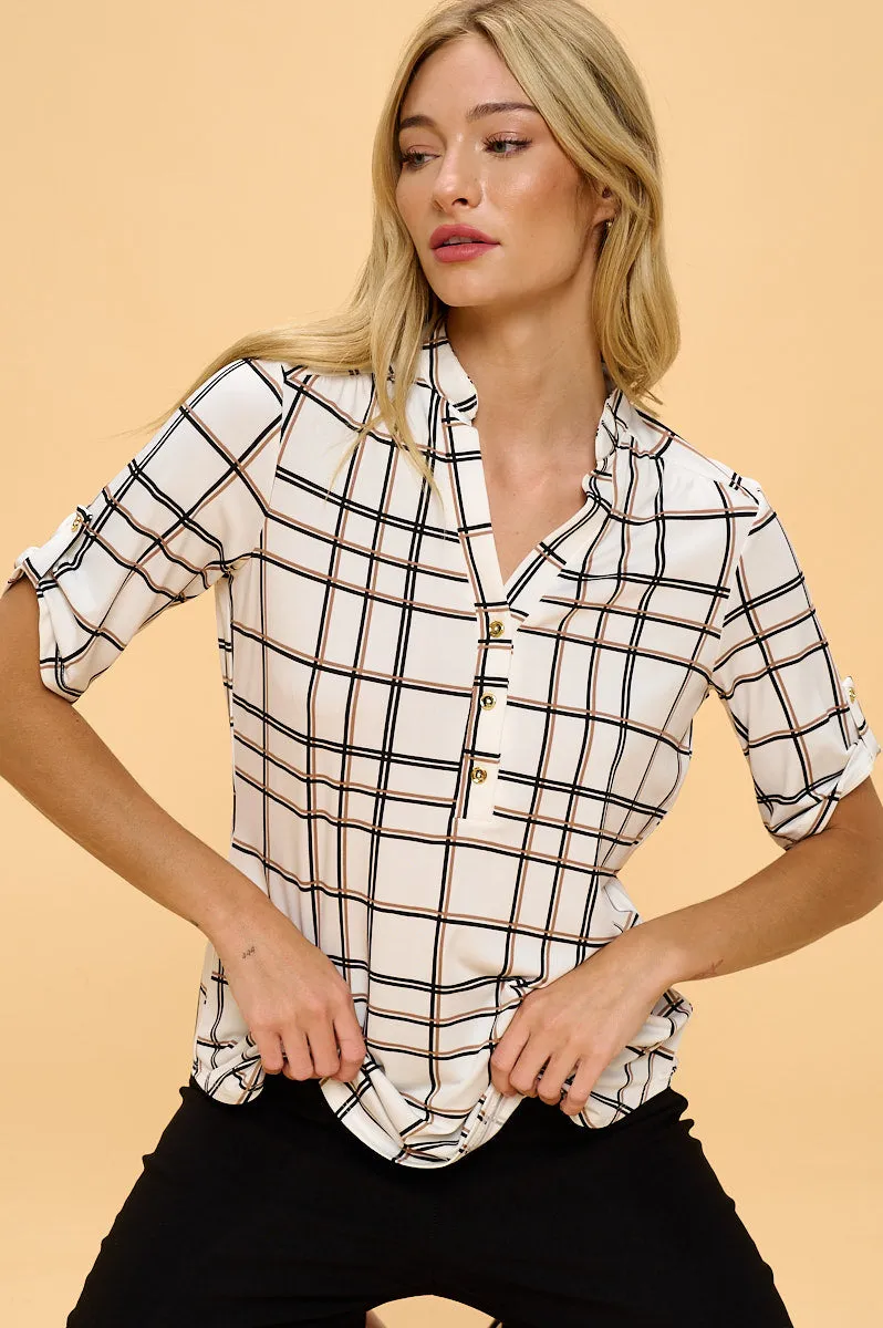 SHORT SLEEVE MANDARIN HALF PLACKET ROLL TAB SHIRT
