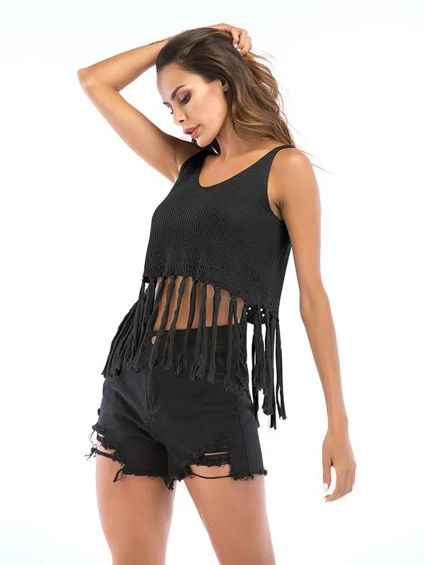 Short Style Sleeveless Fringed Top
