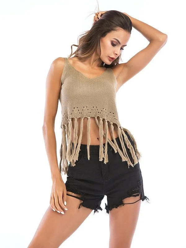 Short Style Sleeveless Fringed Top