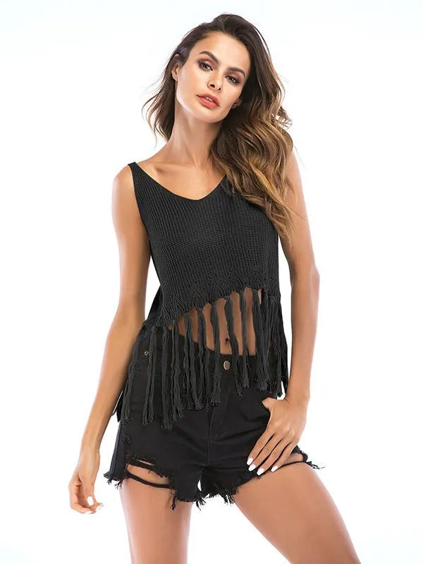 Short Style Sleeveless Fringed Top