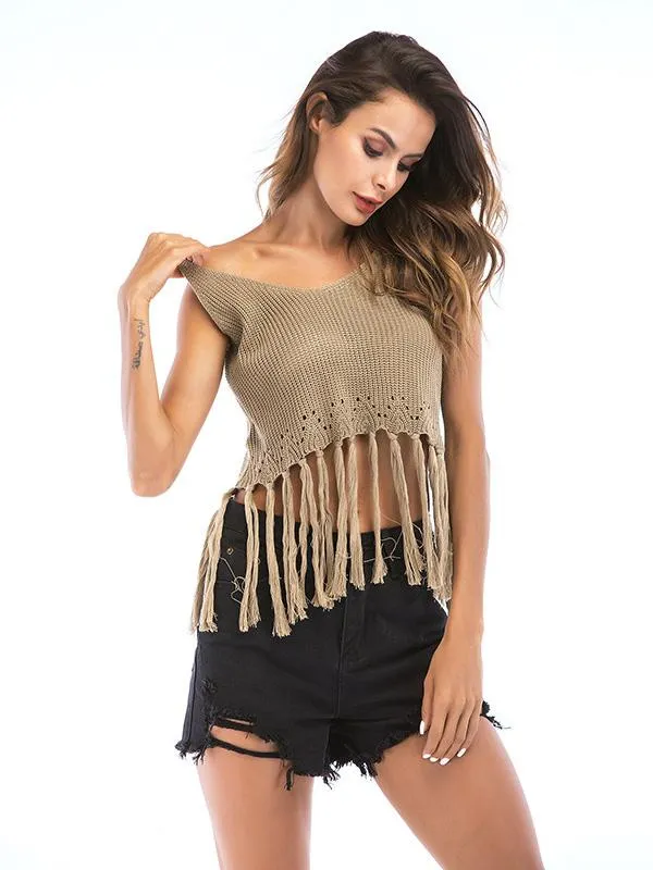 Short Style Sleeveless Fringed Top