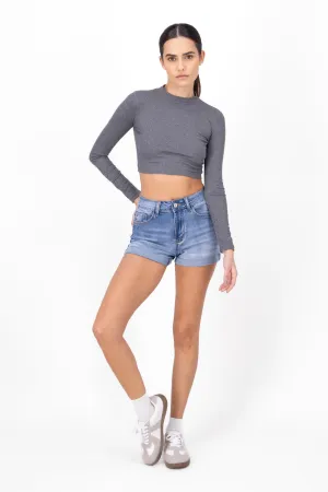 Shorts Denim Con Dobladillo Deslavados