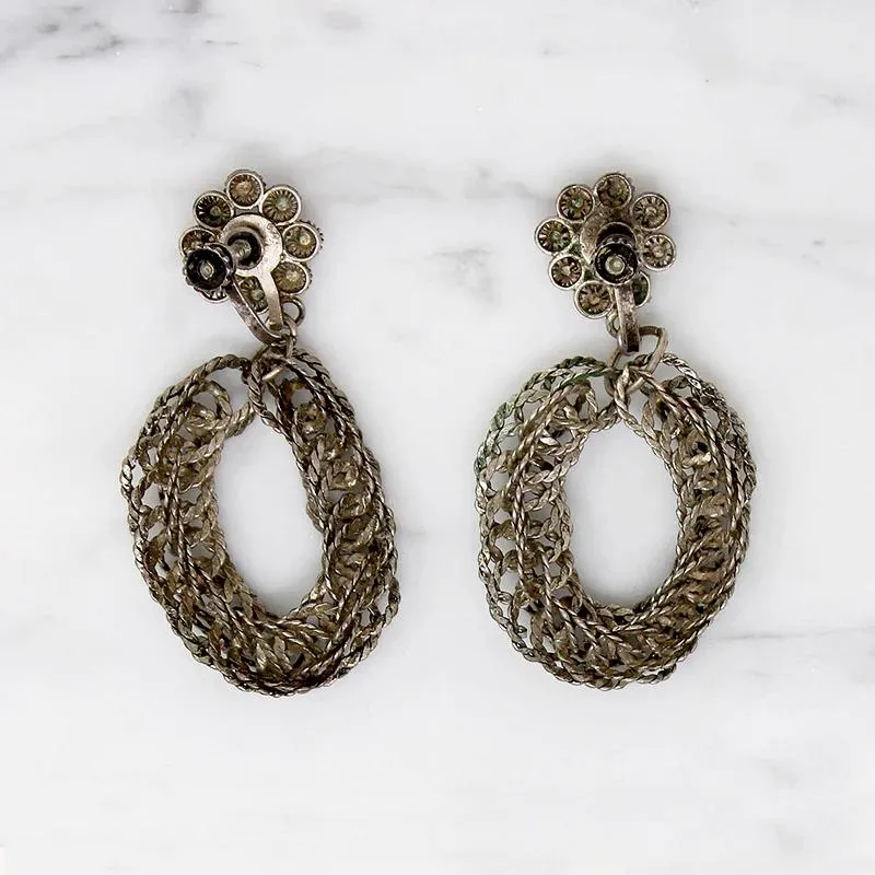 Silver Filigree Flower Earrings with Hoop Drops