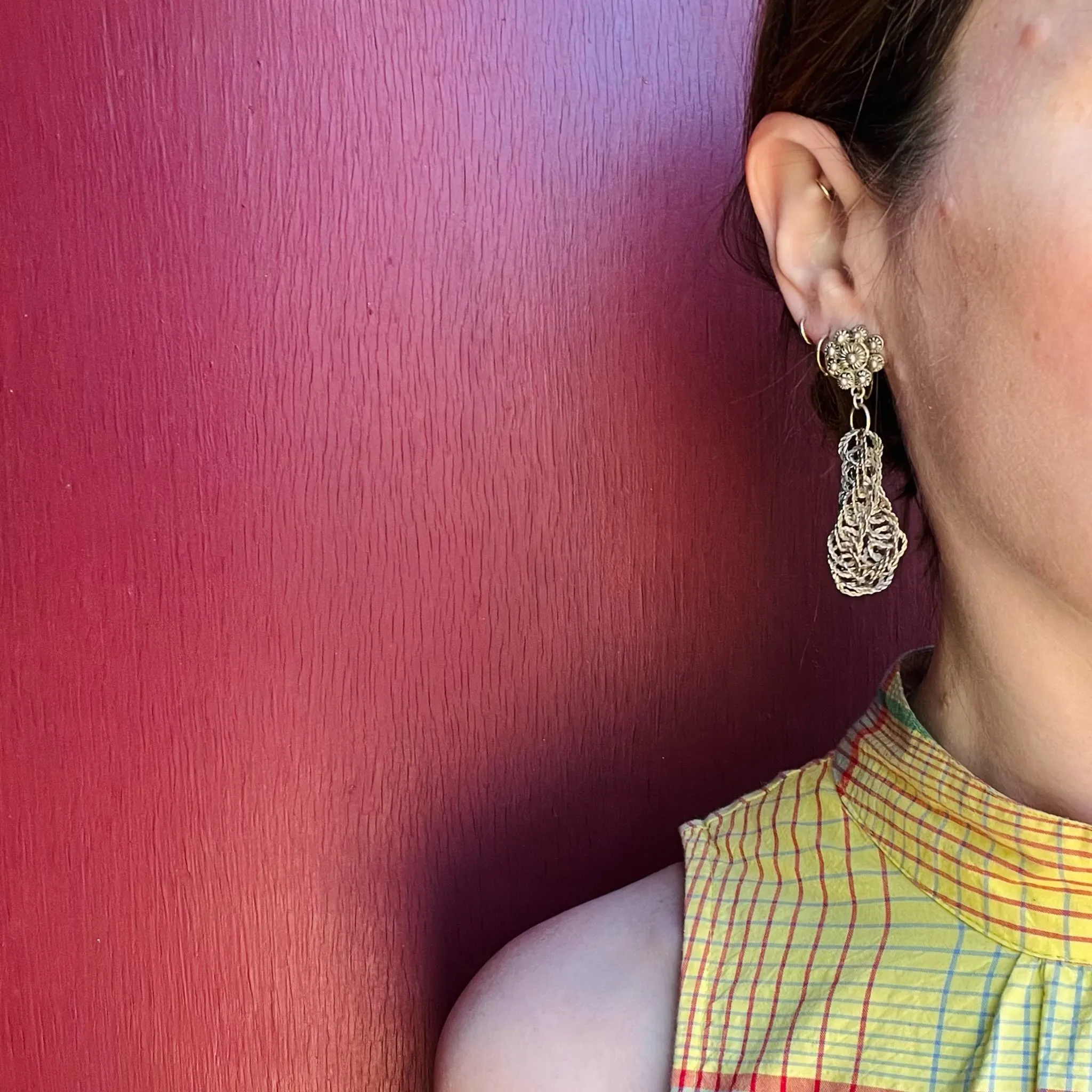 Silver Filigree Flower Earrings with Hoop Drops