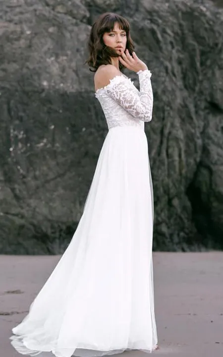 Simple Off-the-shoulder A Line Lace Tulle Long Sleeve Floor-length Wedding Dress with Sweep Train-715924