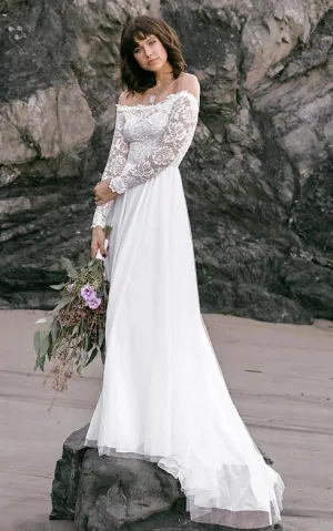 Simple Off-the-shoulder A Line Lace Tulle Long Sleeve Floor-length Wedding Dress with Sweep Train-715924