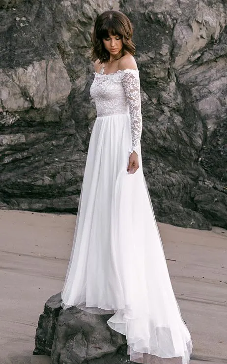 Simple Off-the-shoulder A Line Lace Tulle Long Sleeve Floor-length Wedding Dress with Sweep Train-715924