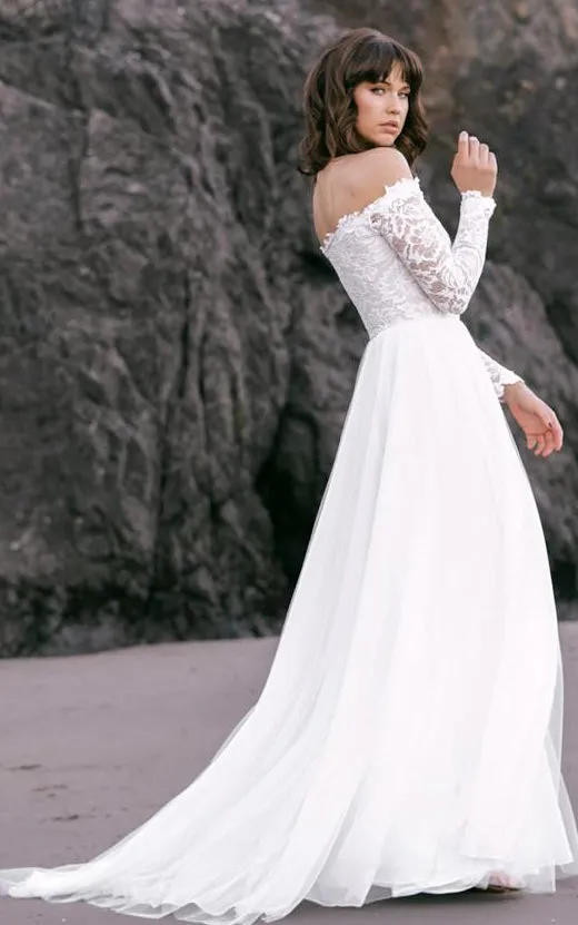 Simple Off-the-shoulder A Line Lace Tulle Long Sleeve Floor-length Wedding Dress with Sweep Train-715924