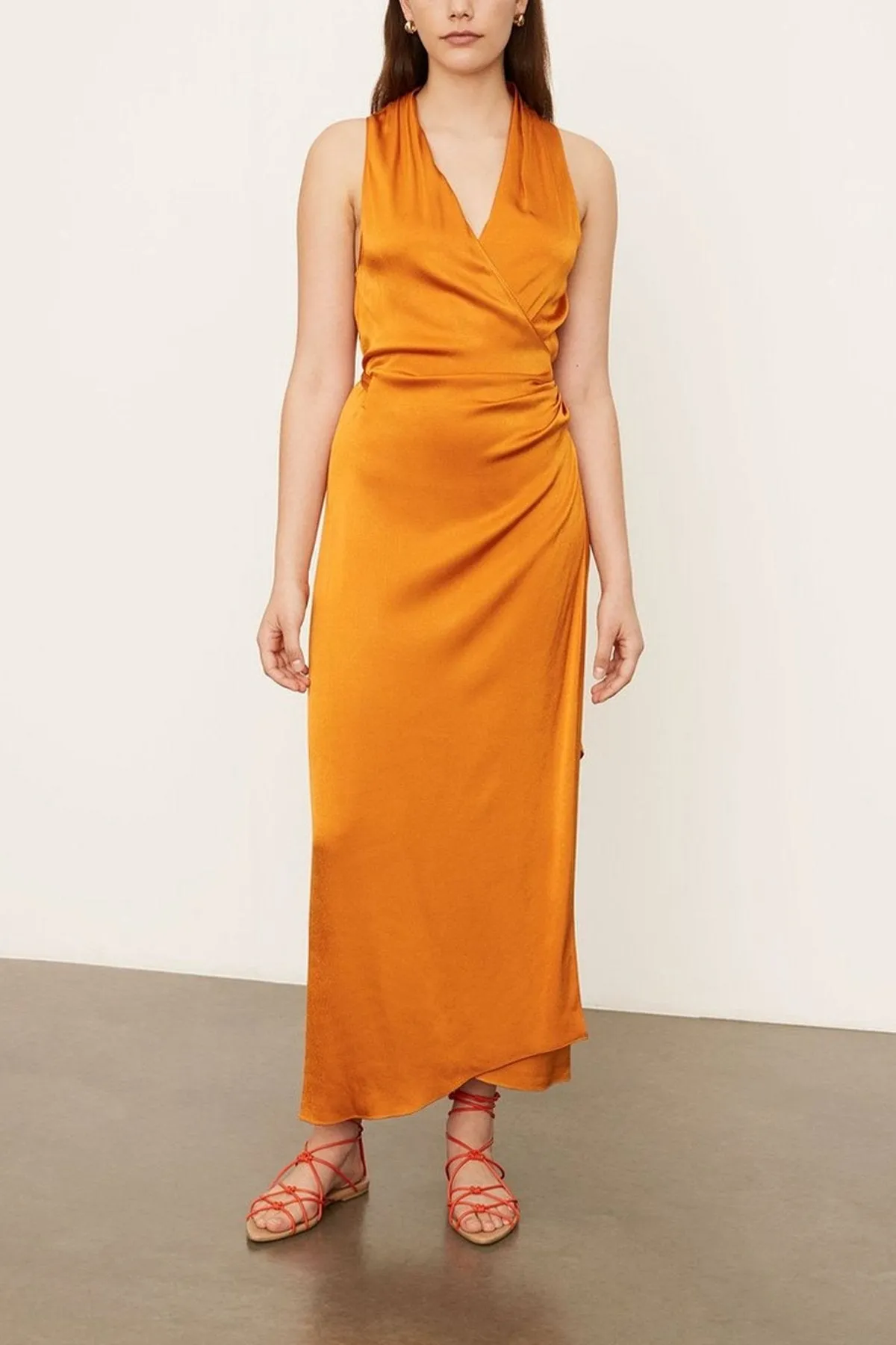 Sleeveless Drape Neck Silk Wrap Dress in Burnt Orange
