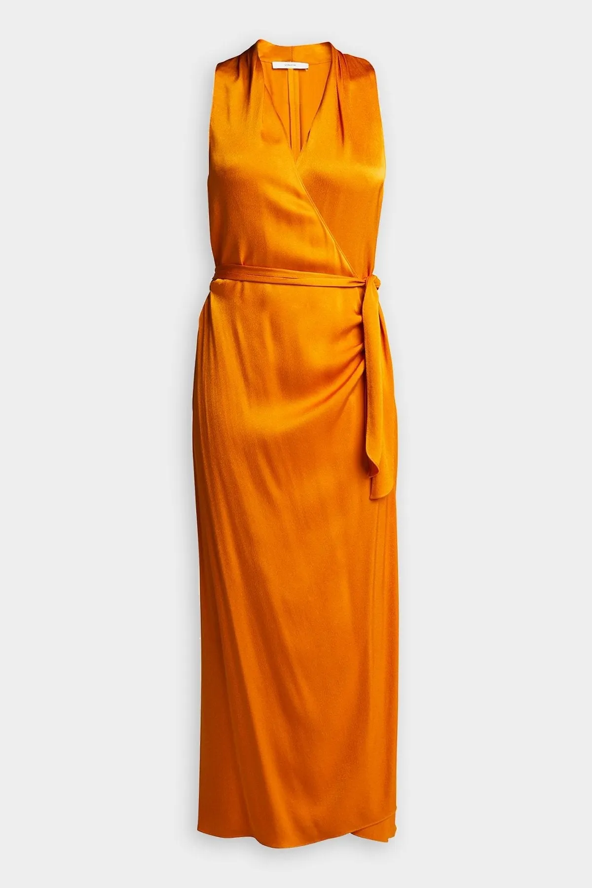 Sleeveless Drape Neck Silk Wrap Dress in Burnt Orange