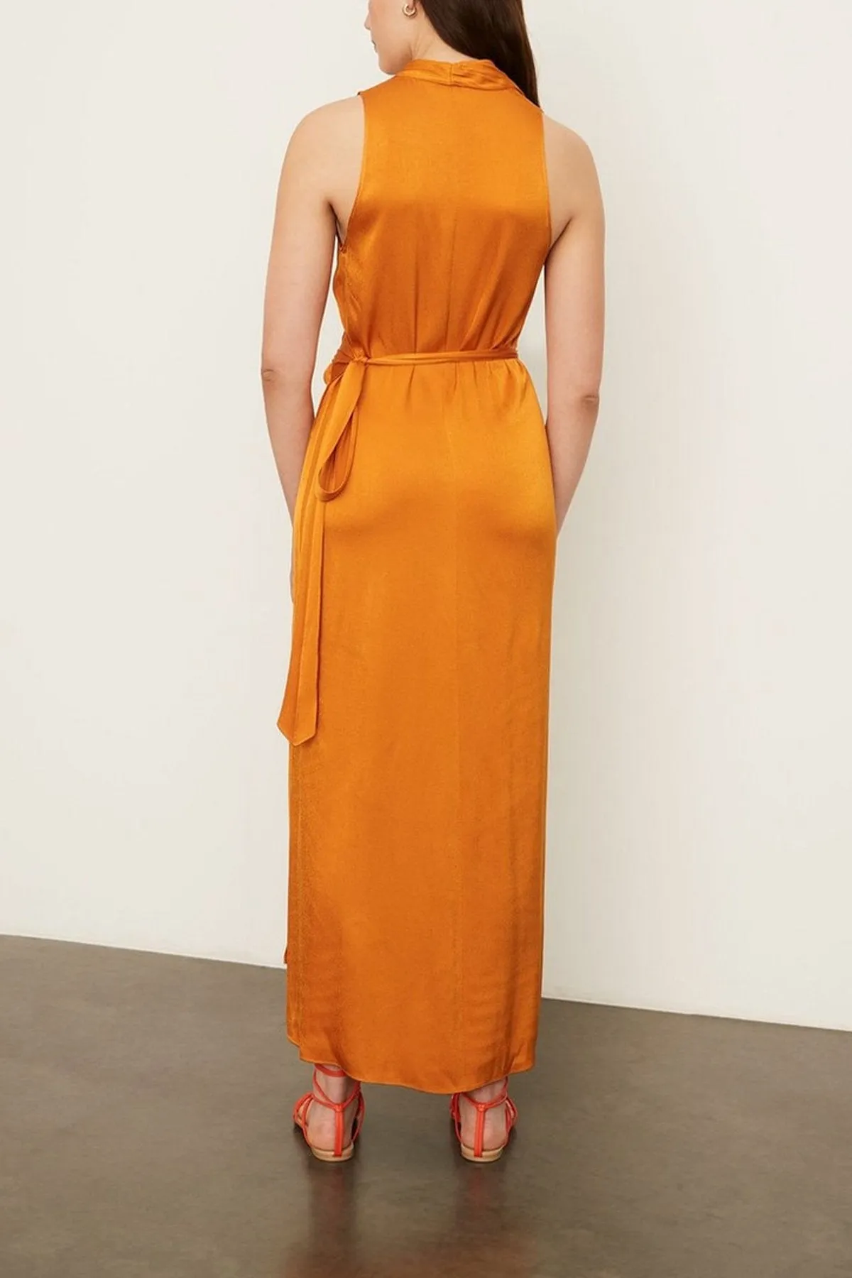 Sleeveless Drape Neck Silk Wrap Dress in Burnt Orange