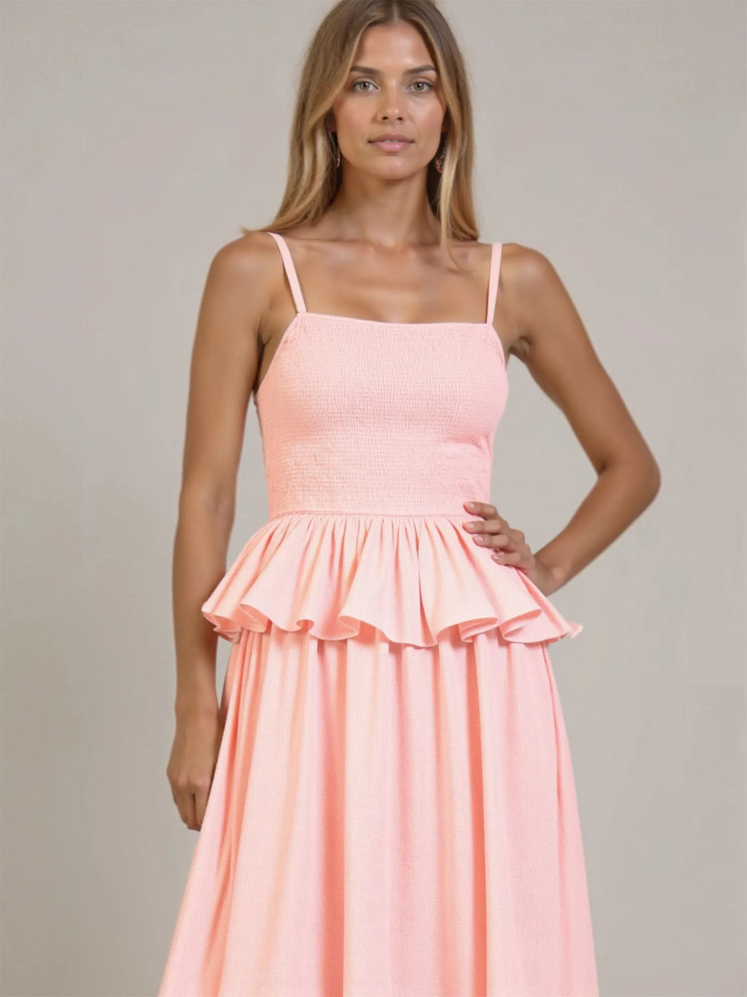 Smocked Bodice Peplum Midi Sun Dress
