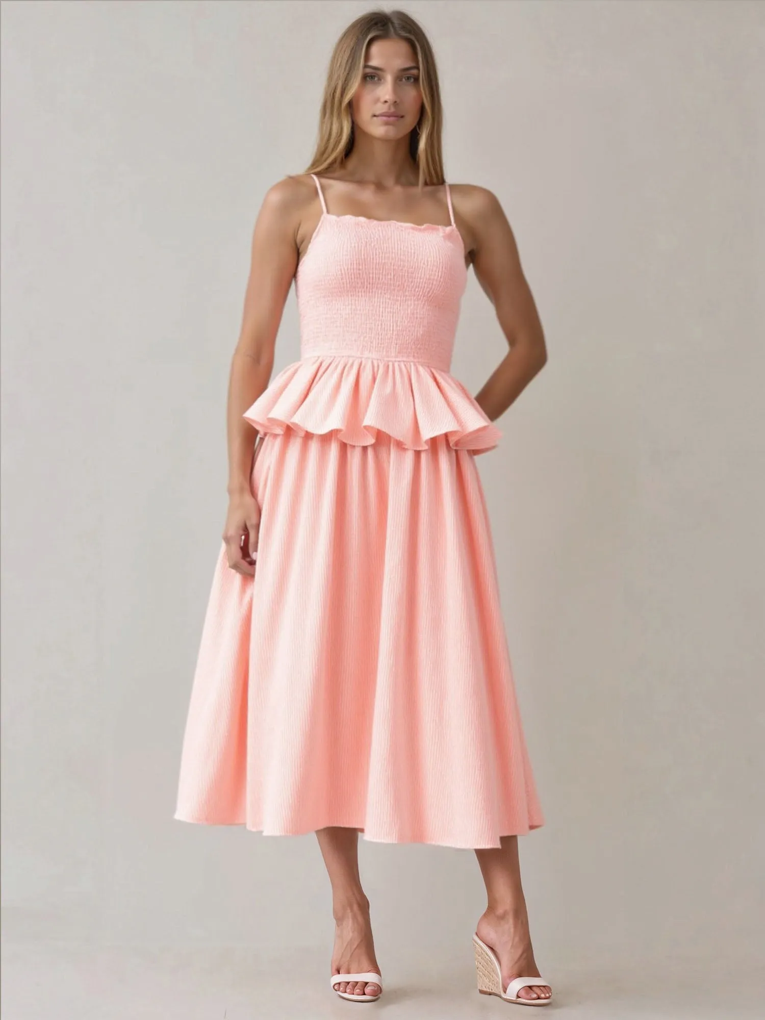 Smocked Bodice Peplum Midi Sun Dress