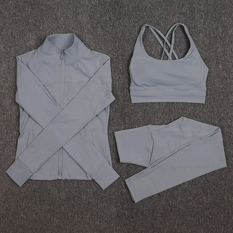 SOISOU Sexy Gym Woman Clothing Sport Yoga Set Leggings Bra Coat Women's Tracksuit Sportswear High Quality Tight Elastic