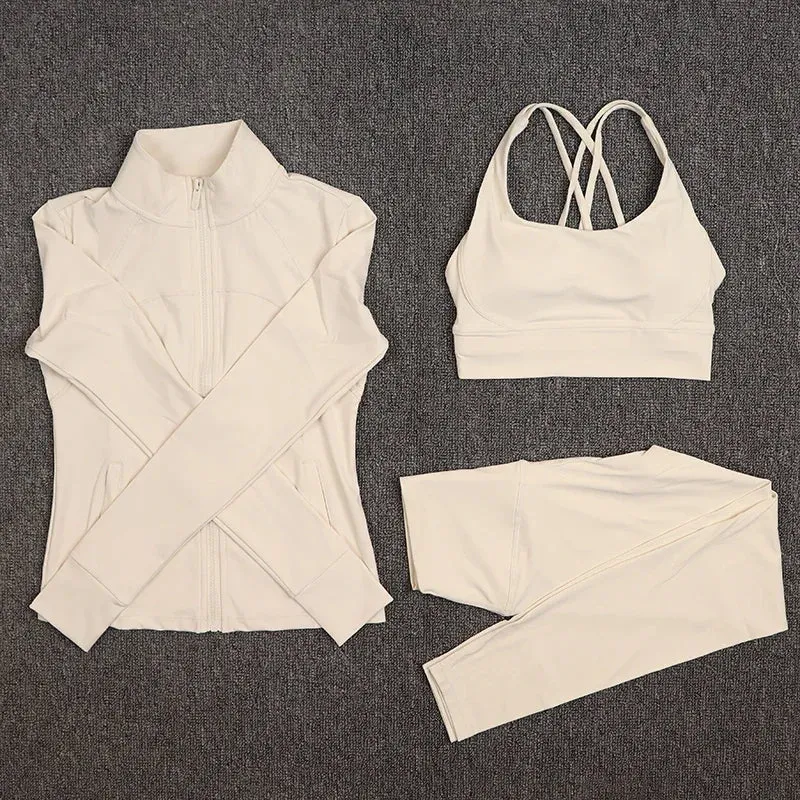 SOISOU Sexy Gym Woman Clothing Sport Yoga Set Leggings Bra Coat Women's Tracksuit Sportswear High Quality Tight Elastic