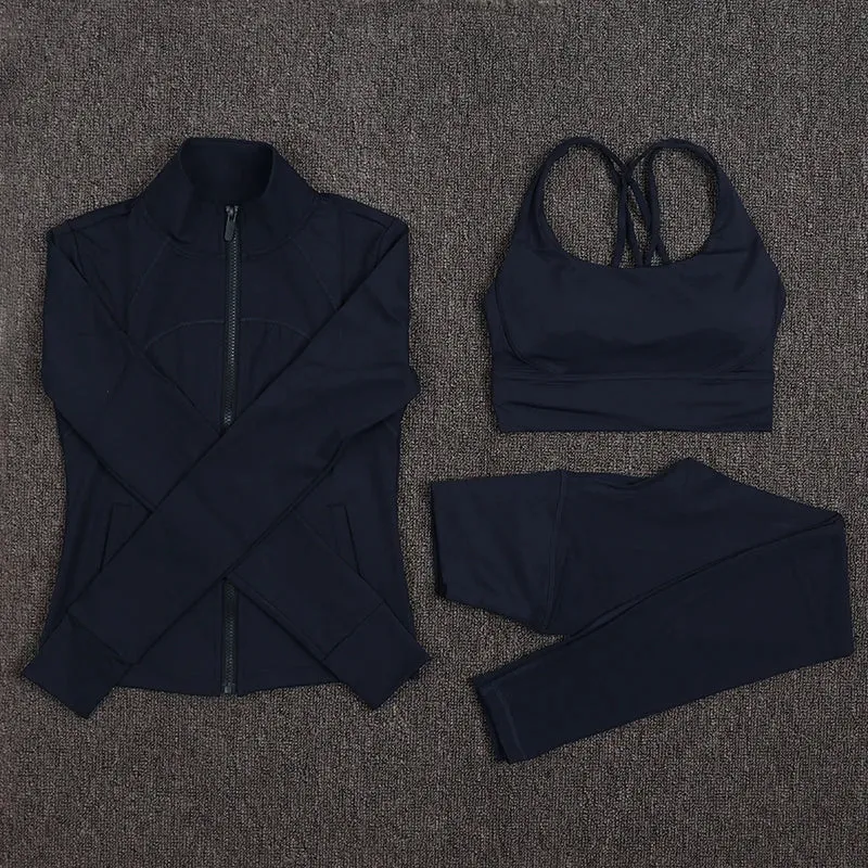 SOISOU Sexy Gym Woman Clothing Sport Yoga Set Leggings Bra Coat Women's Tracksuit Sportswear High Quality Tight Elastic