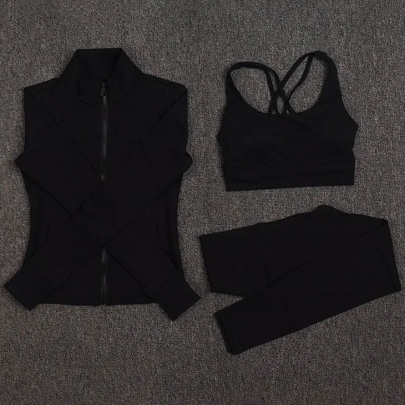 SOISOU Sexy Gym Woman Clothing Sport Yoga Set Leggings Bra Coat Women's Tracksuit Sportswear High Quality Tight Elastic