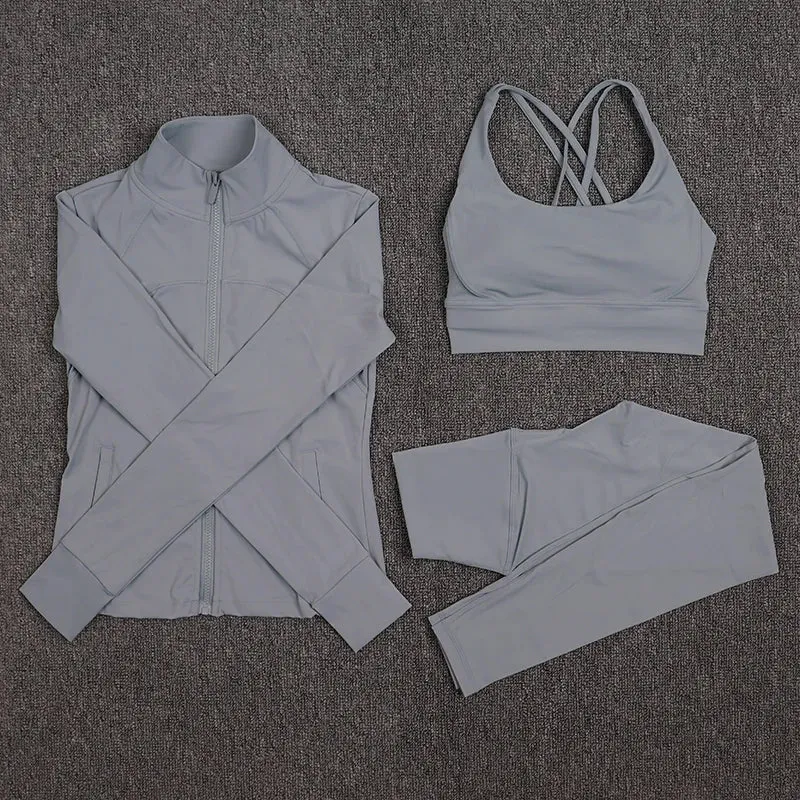 SOISOU Sexy Gym Woman Clothing Sport Yoga Set Leggings Bra Coat Women's Tracksuit Sportswear High Quality Tight Elastic