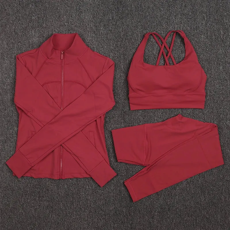 SOISOU Sexy Gym Woman Clothing Sport Yoga Set Leggings Bra Coat Women's Tracksuit Sportswear High Quality Tight Elastic