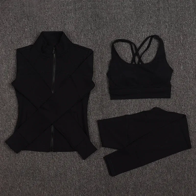 SOISOU Sexy Gym Woman Clothing Sport Yoga Set Leggings Bra Coat Women's Tracksuit Sportswear High Quality Tight Elastic